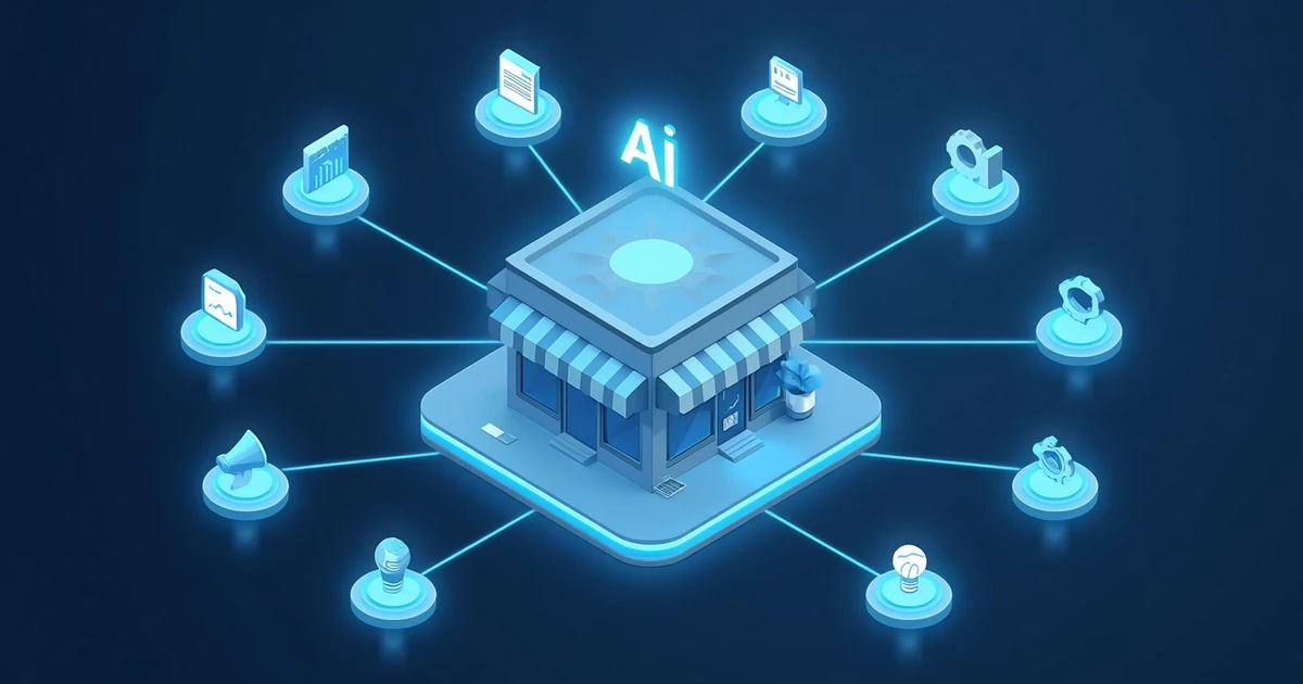 Small storefront with an AI symbol on the roof, connected to ten networked icons for writing, analytics, marketing, and automation