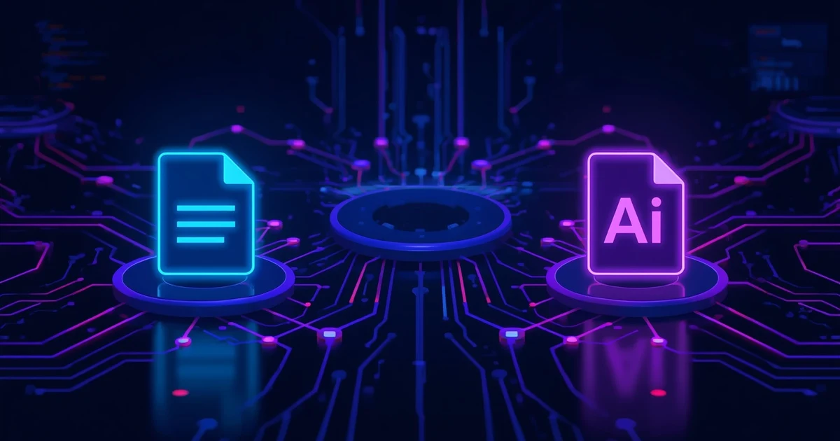 Leuchtende Dokument-Symbole für AGENTS.md und CLAUDE.md auf einer futuristischen Platine als Sinnbild für gemeinsame Coding-Agent-Regeln