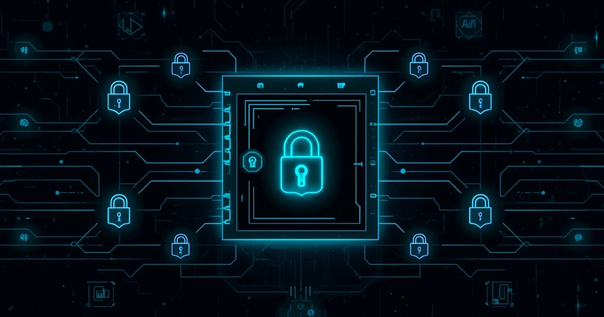 Dunkle Tech-Illustration: Ein zentraler Server mit großem Vorhängeschloss ist über leuchtende Schaltkreis-Linien mit mehreren kleineren Schloss-Symbolen verbunden, als Sinnbild für zentral verwaltete Secrets und kontrollierten Zugriff für KI-Agenten