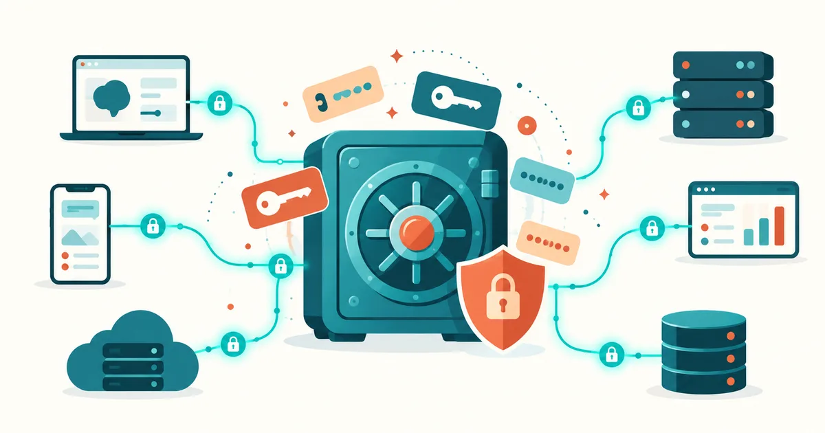 Tech-Illustration: Eine zentrale Schlüsselkarte mit Schloss-Symbol ist über leuchtende Verbindungslinien mit mehreren Anwendungsblöcken wie Browser, Server und Container verbunden, als Sinnbild für geschützte API-Keys und Secrets in KI-Anwendungen