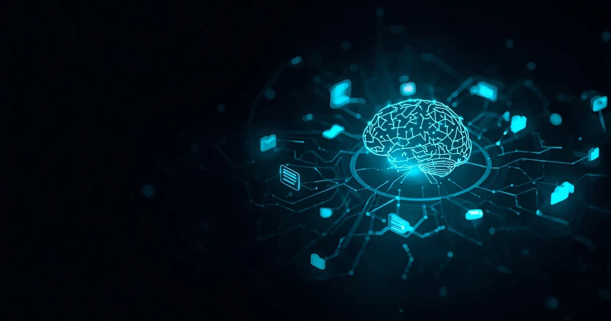 Digitales, leuchtendes Gehirn-Symbol umgeben von vernetzten Datei- und Dokumentsymbolen als Illustration für ChatGPT Memory