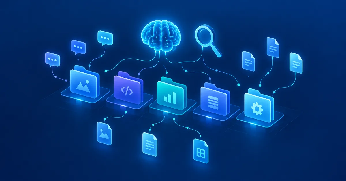 Leuchtende Ordner als Projekte, verbunden mit Chat-Sprechblasen und Dokumentsymbolen, darüber ein Gehirn-Symbol für Memory und eine Lupe für die Suche – Illustration zur Organisation von ChatGPT