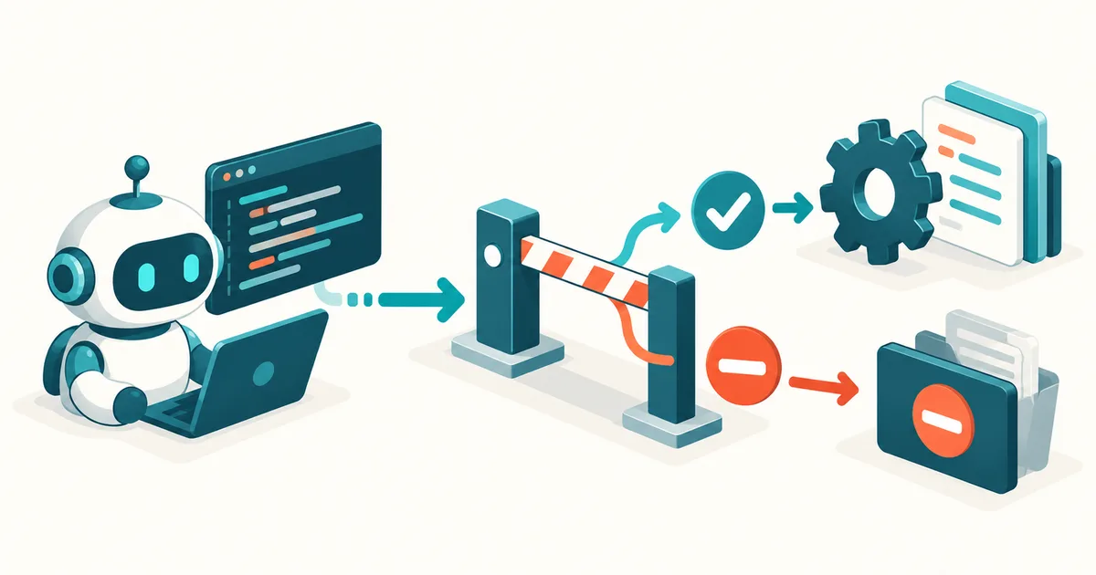Illustration of an AI coding agent approaching a barrier that automatically allows or blocks its actions.