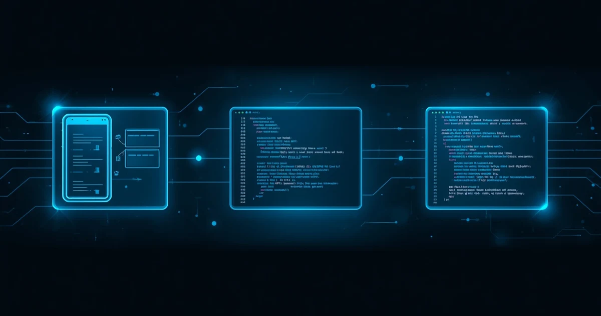 Drei durch leuchtende Datenleitungen verbundene futuristische Oberflächen mit Aufgabenliste, Terminal-Fenster und Code-Editor als Sinnbild für Codex App, Codex CLI und Codex IDE