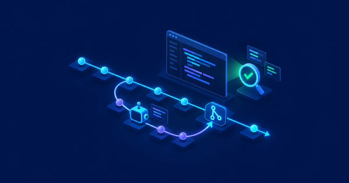 Isometric illustration: an AI robot develops on a separate branch that merges into the main commit line through a pull request icon, next to a code editor and a magnifying glass with a green checkmark symbolizing code review