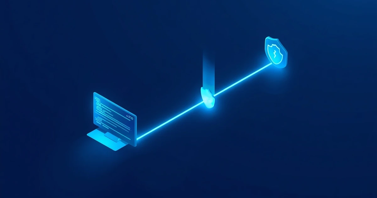 Isometrische Illustration: Ein Terminal mit Codezeilen ist über eine leuchtende Linie durch ein Schloss-Symbol hindurch mit einem Sicherheits-Schild verbunden – Sinnbild für abgesicherte Codex-Workflows