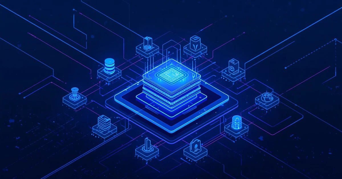 Zentraler MCP-Server-Chip in isometrischer Darstellung, vernetzt mit Symbolen für Datenbank, Sicherheit, Schlüssel und Konfiguration