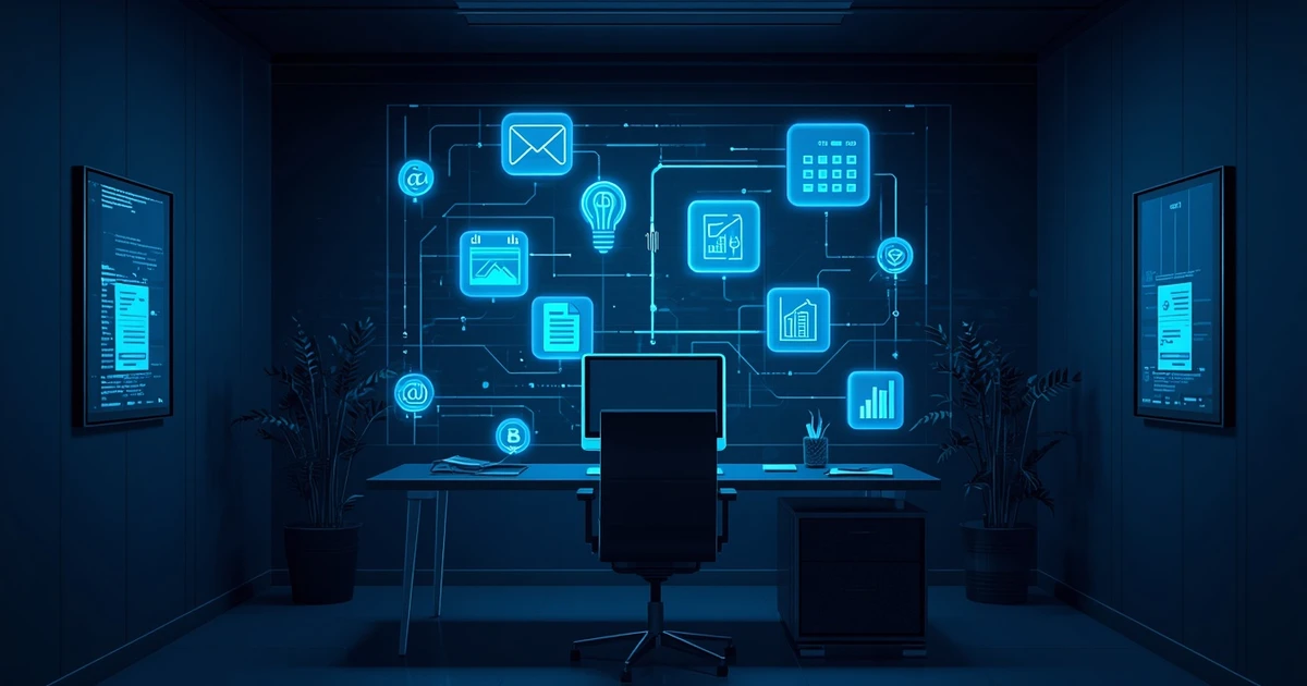 Dark tech illustration: a small office workstation with a desk, monitor, and office chair, above which glowing icons for email, calendar, documents, charts, and reports are linked by fine data lines — representing AI in the office automating repetitive tasks