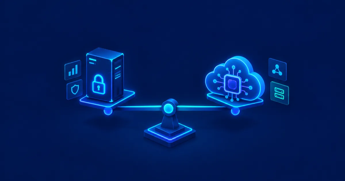Scale balancing a locked local server against a networked cloud, symbolizing local AI with Ollama versus cloud AI