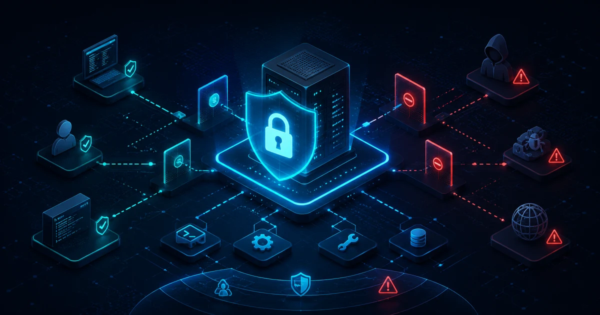 MCP-Server durch ein zentrales Schutzschild abgesichert: erlaubte Tools und Clients links, abgewehrte Bedrohungen und riskante Zugriffe rechts