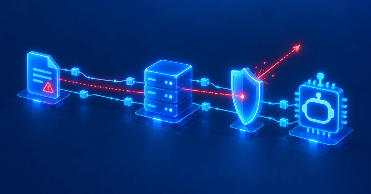 MCP-Datenpipeline: Ein externes Dokument mit Warnsymbol sendet ein rotes Injection-Signal durch einen Server, das von einem Schutzschild vor einem KI-Chip abgewehrt wird