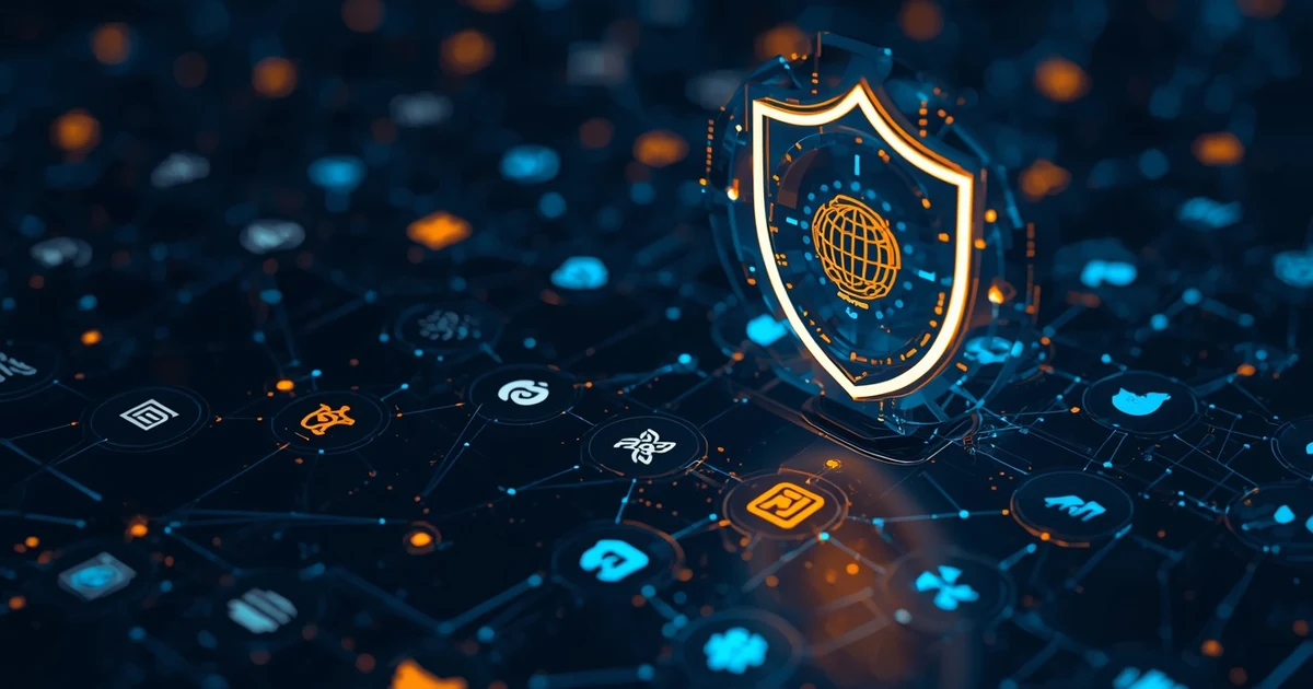 Digitales Schutzschild inmitten eines Netzwerks aus zahlreichen unbekannten KI- und App-Symbolen als Sinnbild für die Kontrolle von Shadow AI im Unternehmen