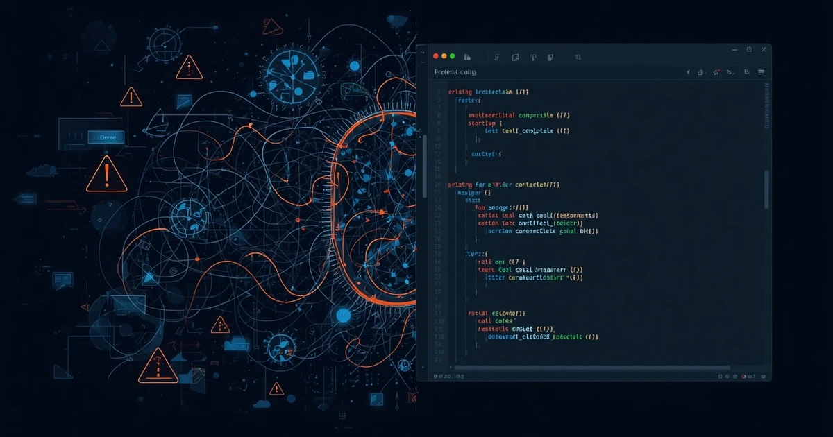 Dark tech illustration: on the left a chaotic tangle of data connections, gears, and warning symbols representing uncontrolled vibe coding, on the right an orderly code editor window with cleanly structured source code representing a controlled AI coding workflow