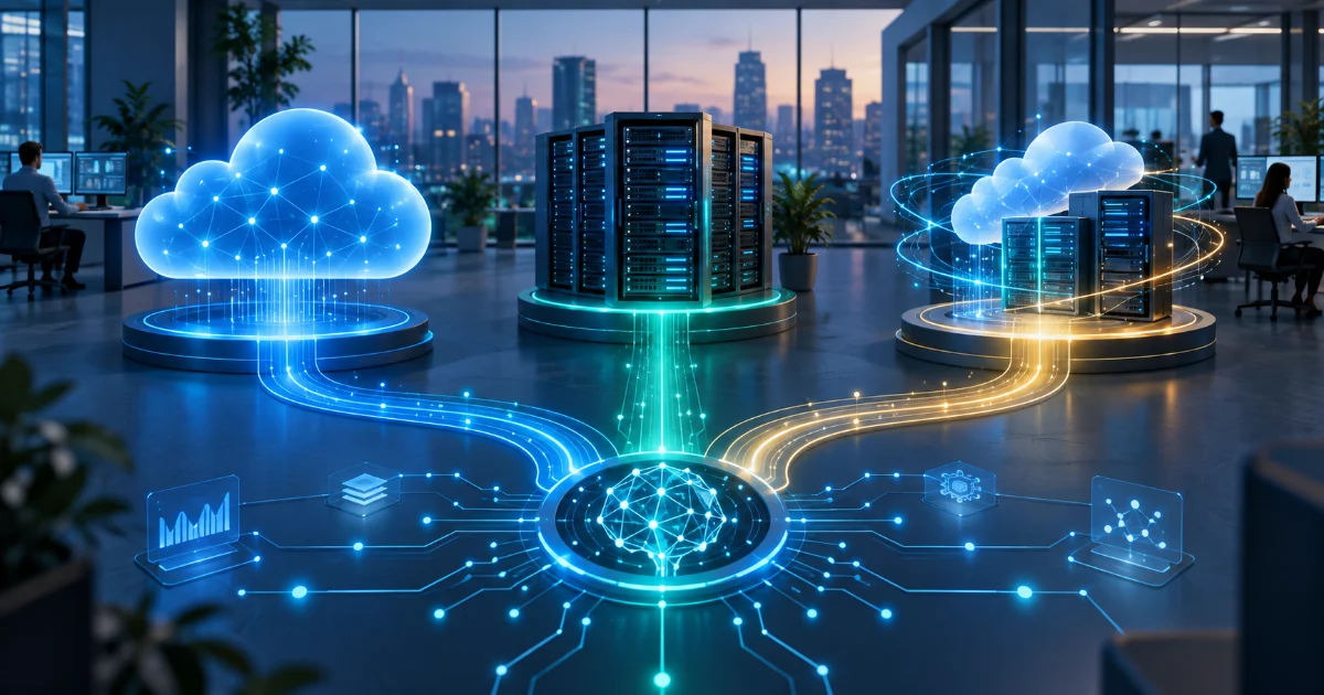 Illustration eines zentralen Serverracks zwischen zwei leuchtenden Cloud-Symbolen in einem Büro, deren Datenströme in einem zentralen KI-Knoten zusammenlaufen – Sinnbild für Cloud-, lokale und hybride KI-Architektur.